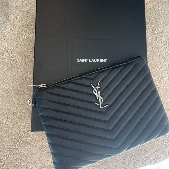 Saint Laurent Monogram Clutch In Matelasse Leather Black Gold $170